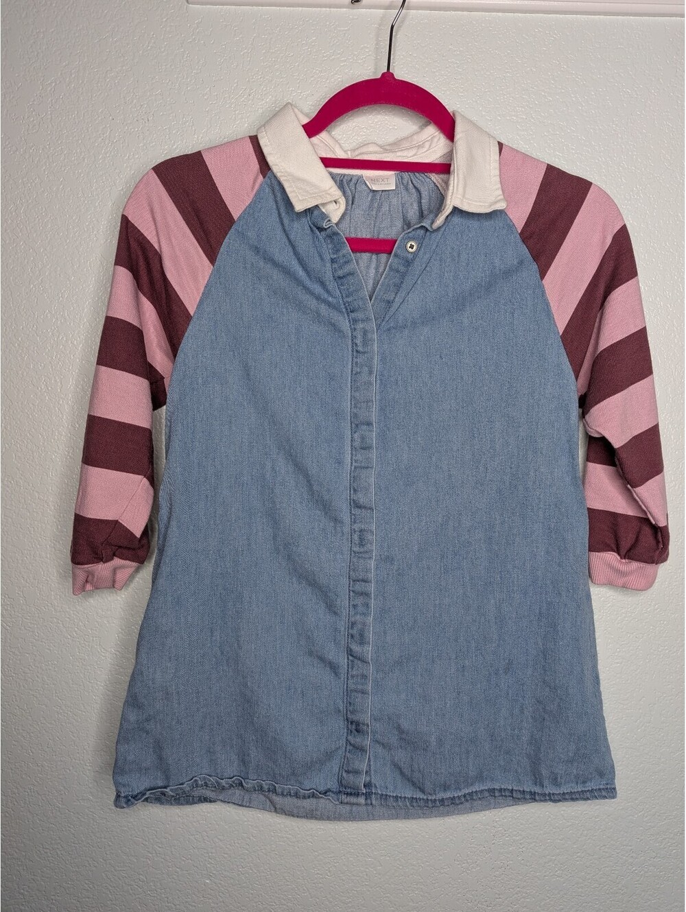 NEXT Girls Denim Shirt Dress Pink Striped Sleeves Size 6-7 Years